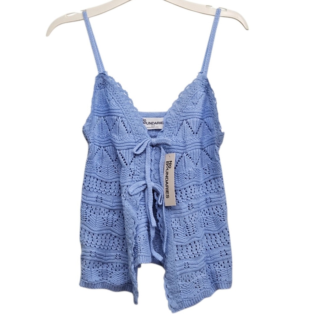 No Boundaries Tie Front Pointelle Cami Juniors S 4-6 Sky Blue Crochet Knit Boho